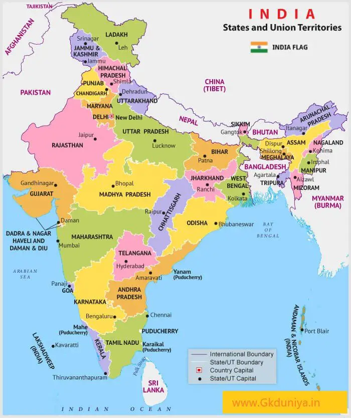 india-map, States and Capitals of India Map, gkduniya.in
